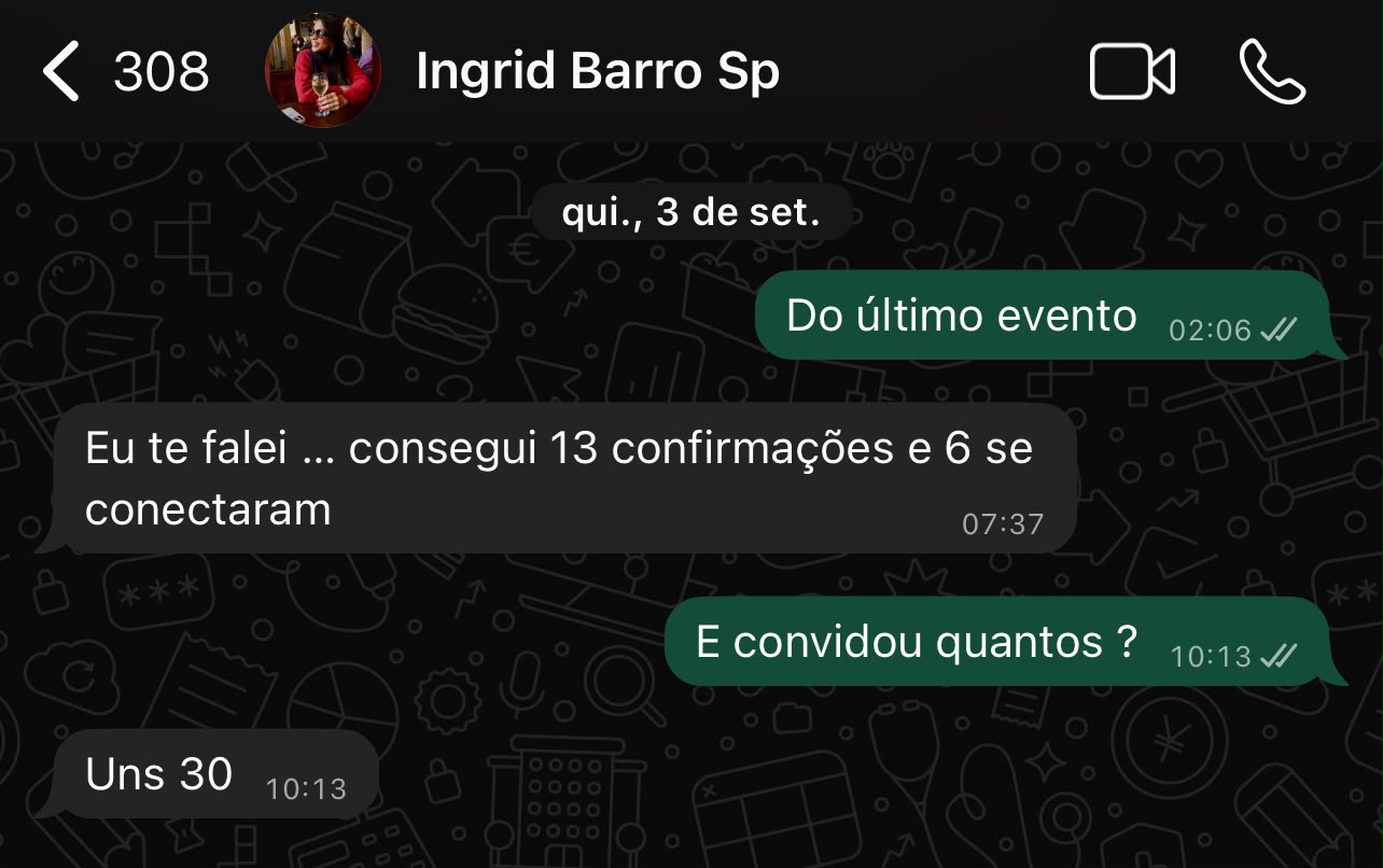Print de conversa no WhatsApp: 13 confirmações e 6 conexões a partir de cerca de 30 convites